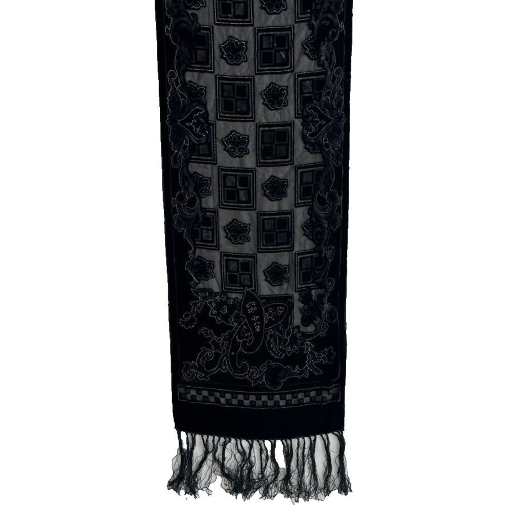 100% Silk Velvet Scarf Black Embroidered Paisley Geometric Fringe 12x35 Pristine